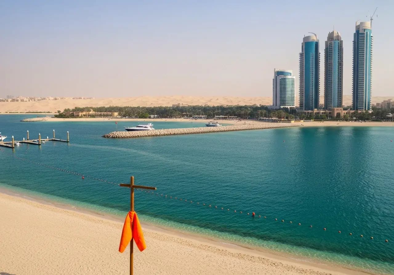 Orange life vest on a beach post above a turquoise bay, with a yacht by a breakwater and Dubai towers beyond