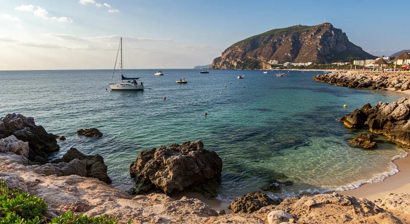 Sailboat and motorboats anchored in a clear turquoise cove with rocky shores below a steep headland
