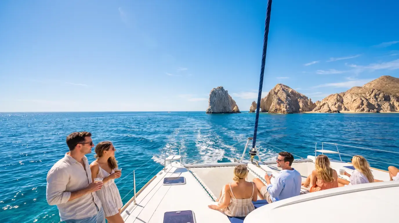 Guests with drinks on a sailing catamaran near the rock formations of Cabo San Lucas on a clear day