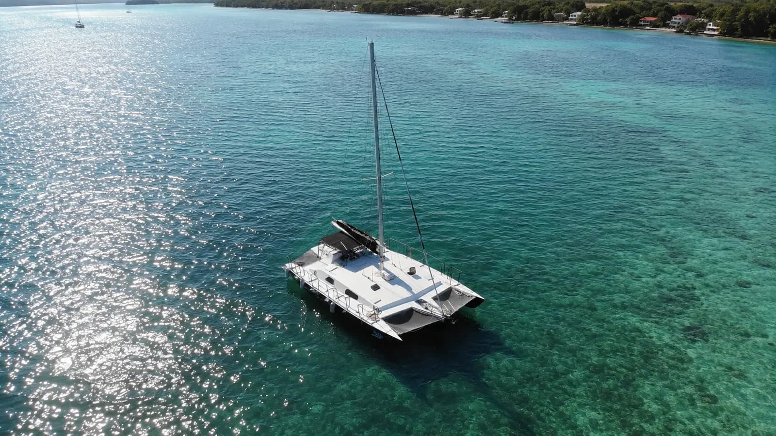 Aerial view of a sailing catamaran anchored in clear turquoise water off a wooded Belize shoreline
