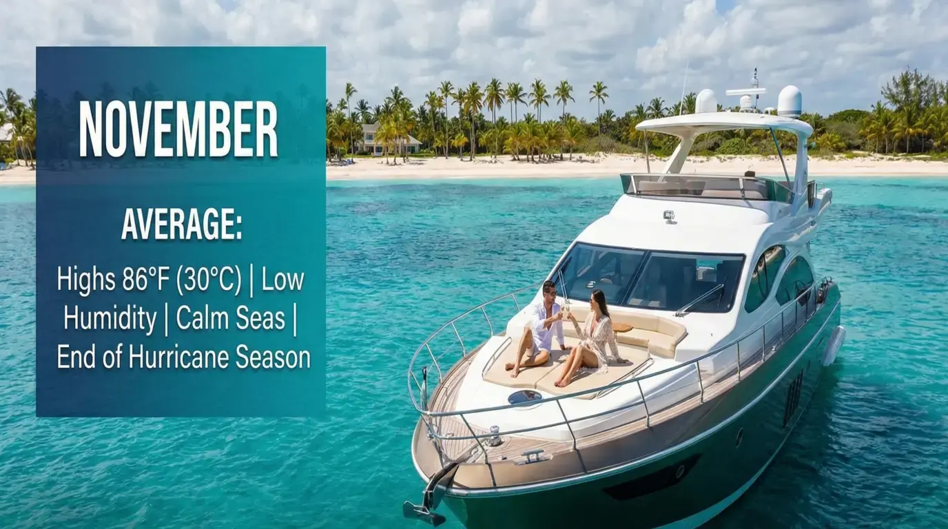 Couple toasting on a motor yacht off Punta Cana with November averages: 86°F highs, low humidity, calm seas