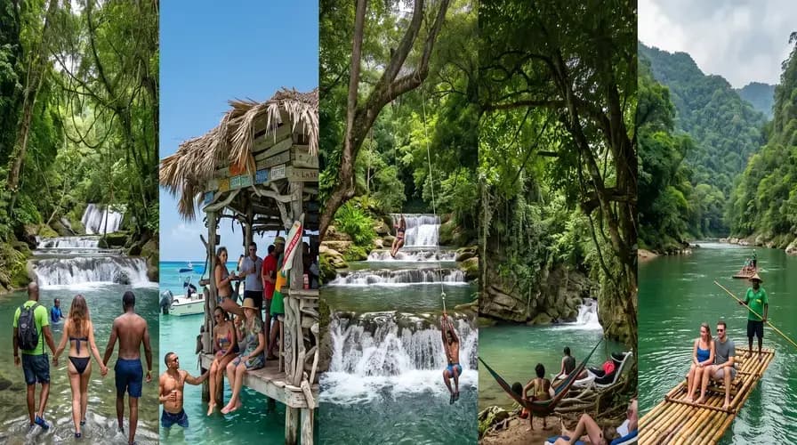 Collage of waterfall wading, a thatched sea bar on stilts, a rope swing, hammocks and bamboo rafting in Jamaica