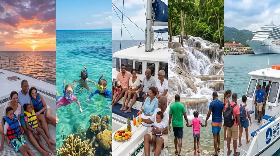 Families on a catamaran, kids snorkeling, a waterfall walk and boarding a boat near a cruise ship in Jamaica