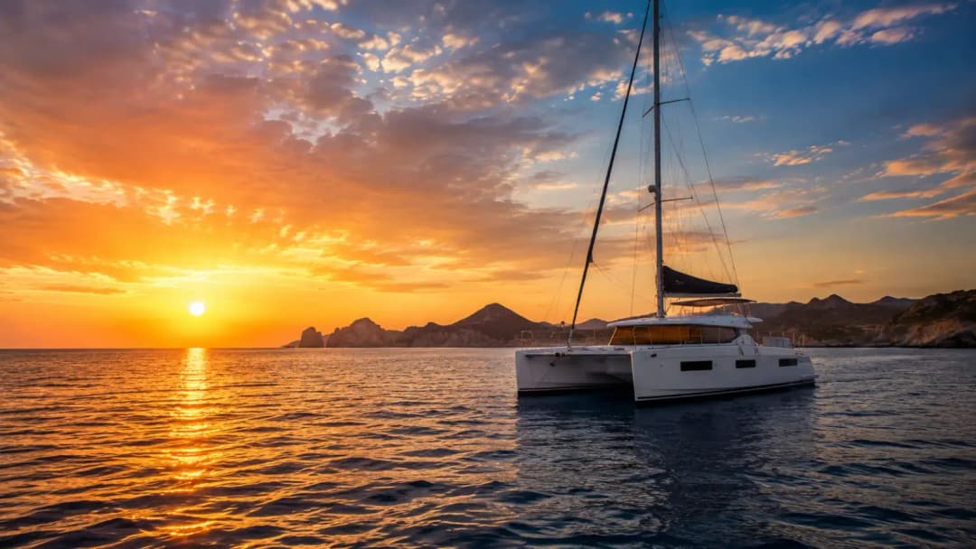 Luxury catamaran cruising across the ocean at sunset near the Cabo San Lucas coastline with golden reflections on the water.
