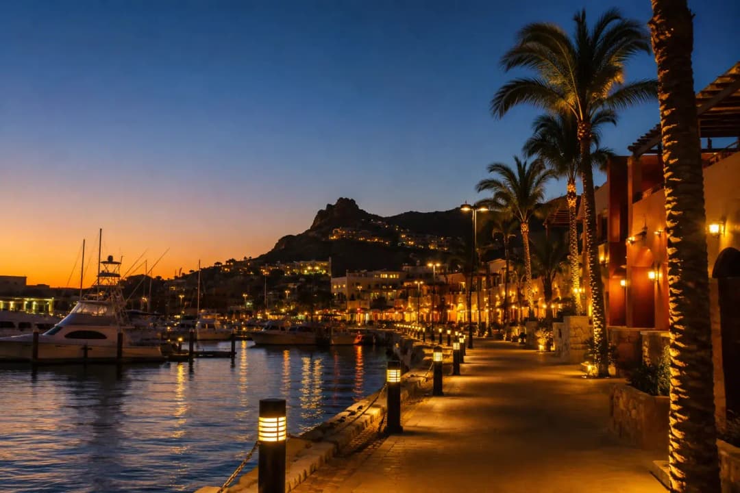 Lamp-lit marina boardwalk in Cabo San Lucas at dusk, lined with palms and moored sportfishing boats