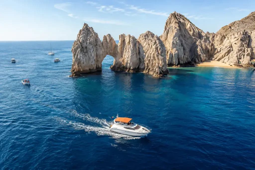 Cabo San Lucas coastline and iconic rock formations during the on-season in Los Cabos.