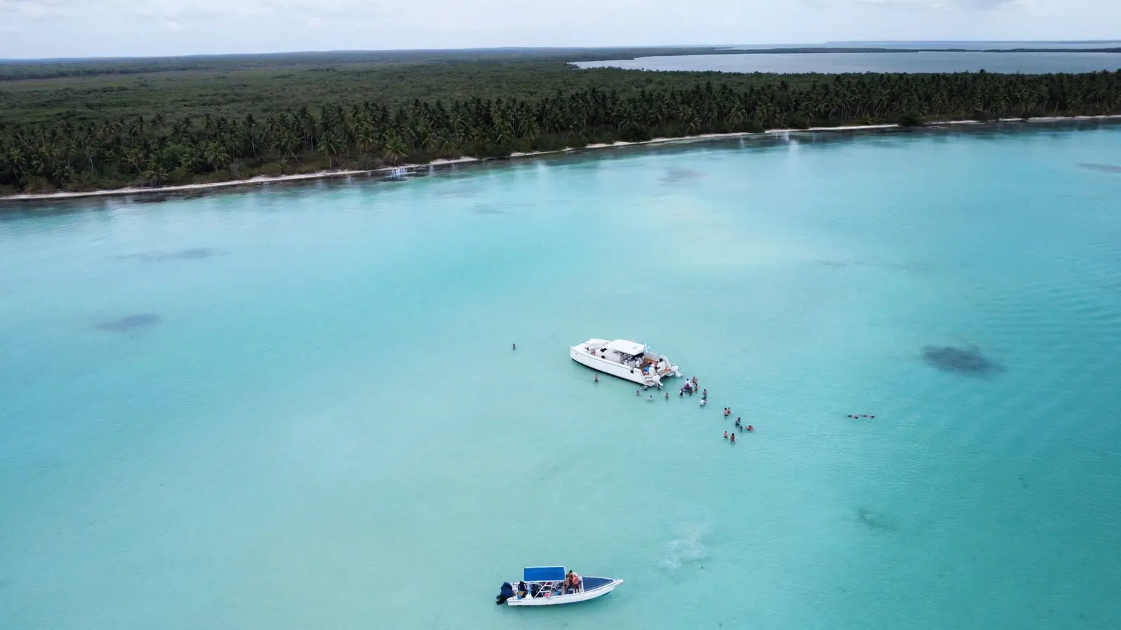 Power catamaran and a small speedboat on the Saona Island sandbank, guests lined up in the water