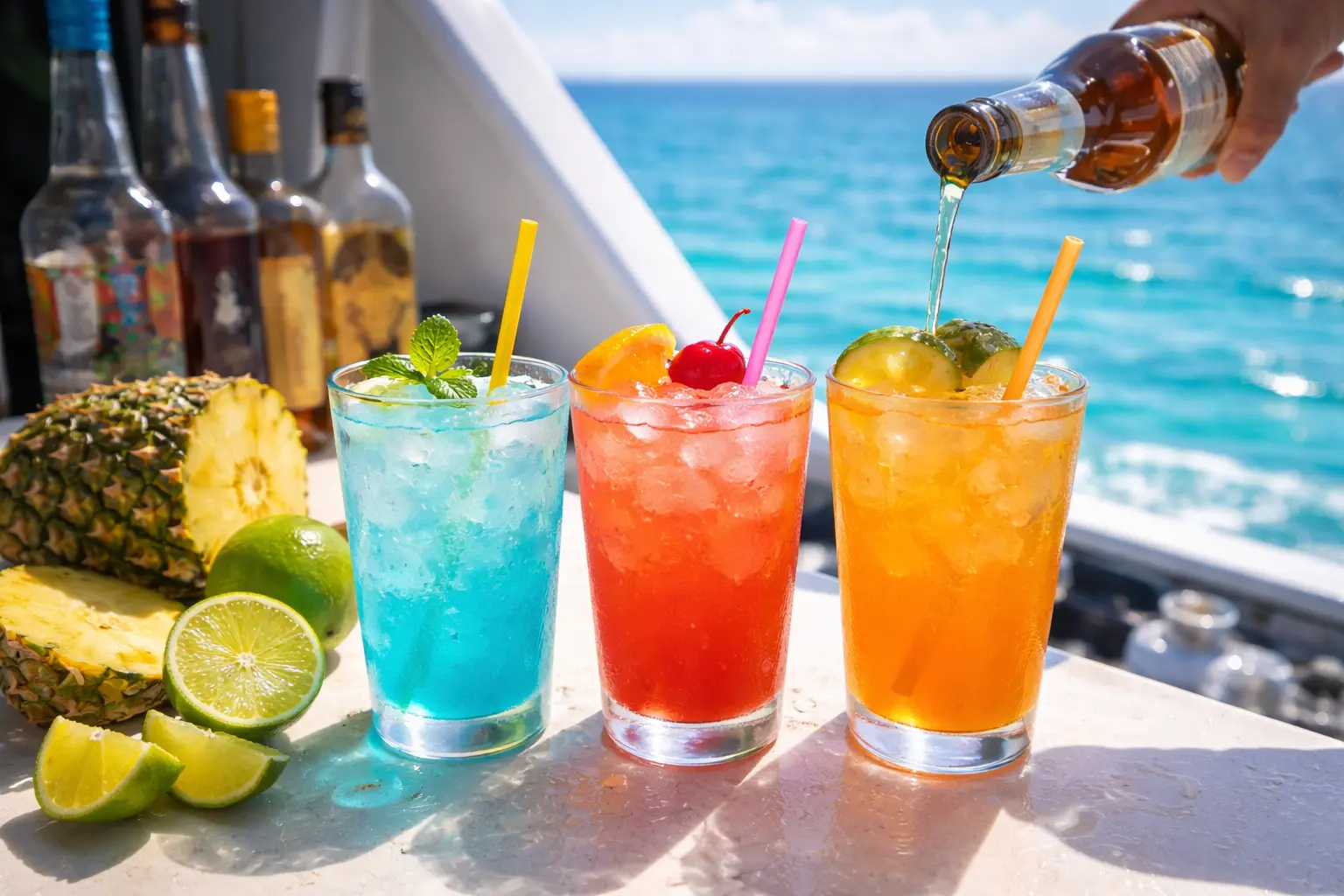 Blue, red and orange cocktails with straws beside pineapple and limes as liquor is poured at the catamaran bar