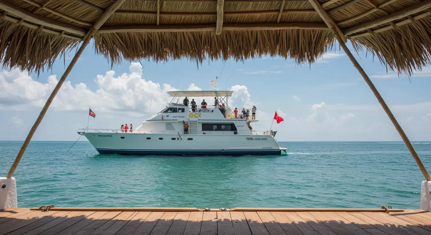 Motor yacht with guests on its upper deck, seen from under a thatched palapa on a dock at Isla Mujeres