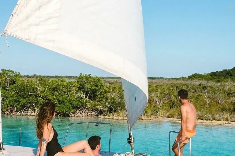 Guests relaxing on the bow of a sailing catamaran under a white sail near a mangrove shore