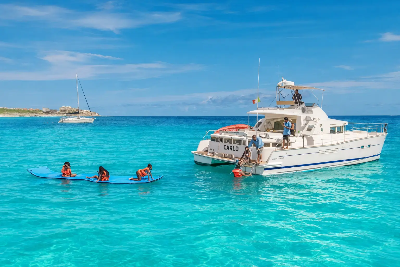 Guests lounge on a floating mat near the anchored catamaran in a turquoise bay off Cabo San Lucas
