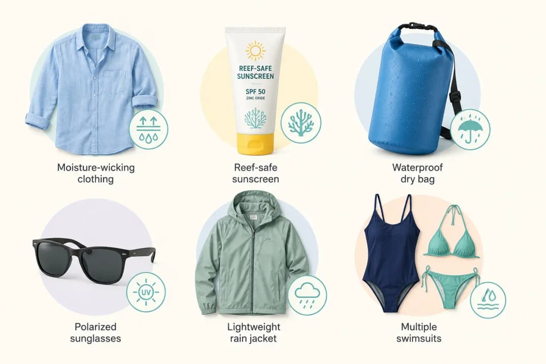 September Cabo travel essentials packing guide with moisture-wicking clothing, reef-safe sunscreen, waterproof dry bag, polarized sunglasses, lightweight rain jacket, and swimsuits.