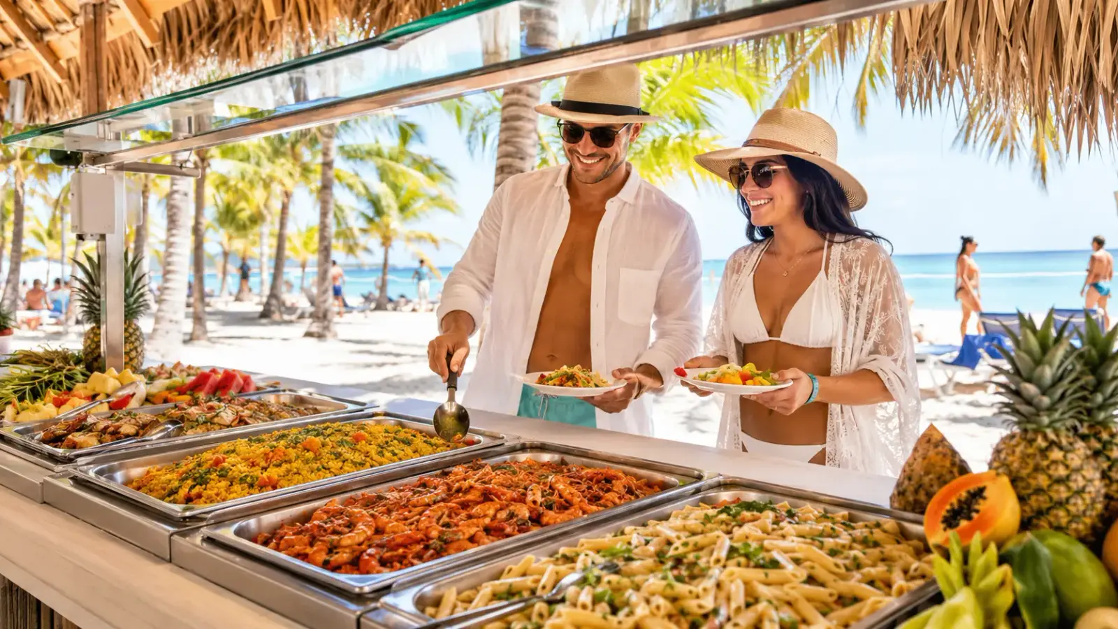 Couple in sun hats serving themselves from a beachside buffet of rice, pasta and fruit on Saona Island