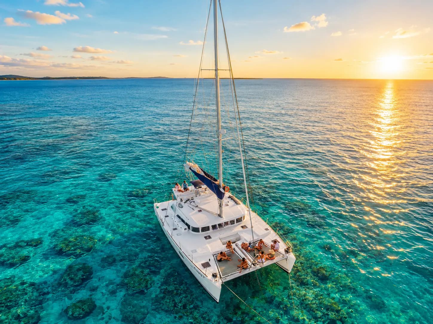 Sailing catamaran with guests over turquoise reef water at sunset in Belize
