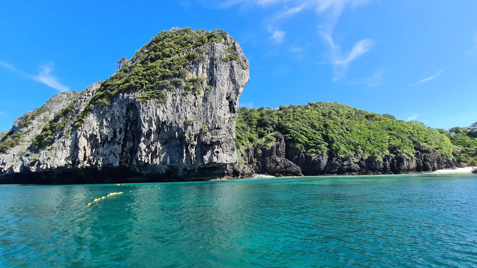 Jungle-capped limestone headland rising over turquoise water and a line of buoys at Phi Phi