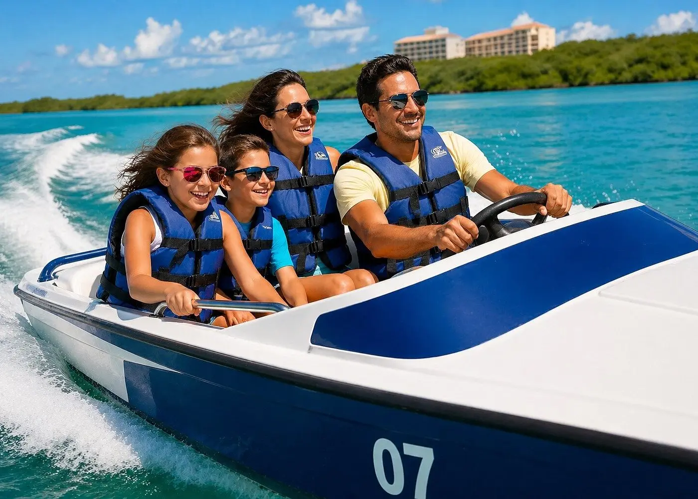 Family in life vests driving a small speedboat across turquoise Nichupté Lagoon