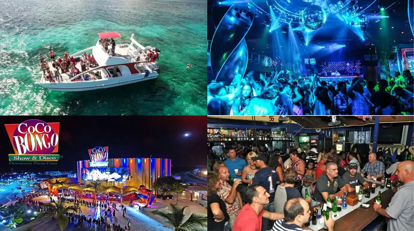 A party boat, a packed club under a disco ball, a lit show venue at night and a busy bar in Punta Cana