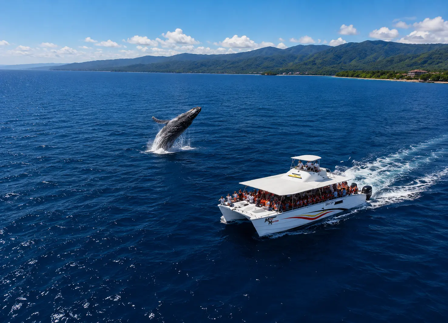Humpback whale breaching beside a catamaran in Samaná Bay