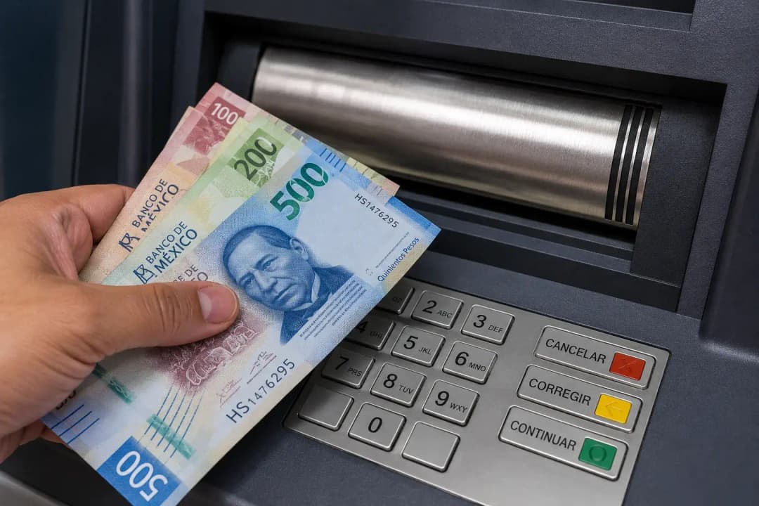 Hand withdrawing Mexican peso banknotes from an ATM in Cabo San Lucas.