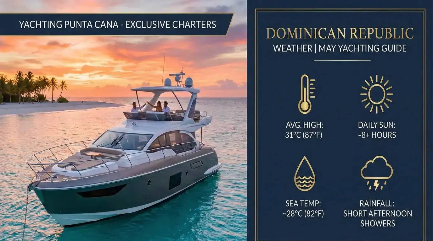 Yacht off a Punta Cana beach at sunset with May stats: 31°C highs, 28°C sea, 8+ hours sun, afternoon showers