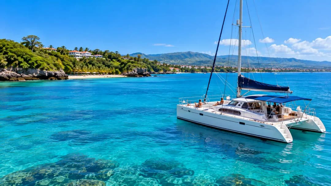 Tropical Catamaran Along a Lush Coastline

