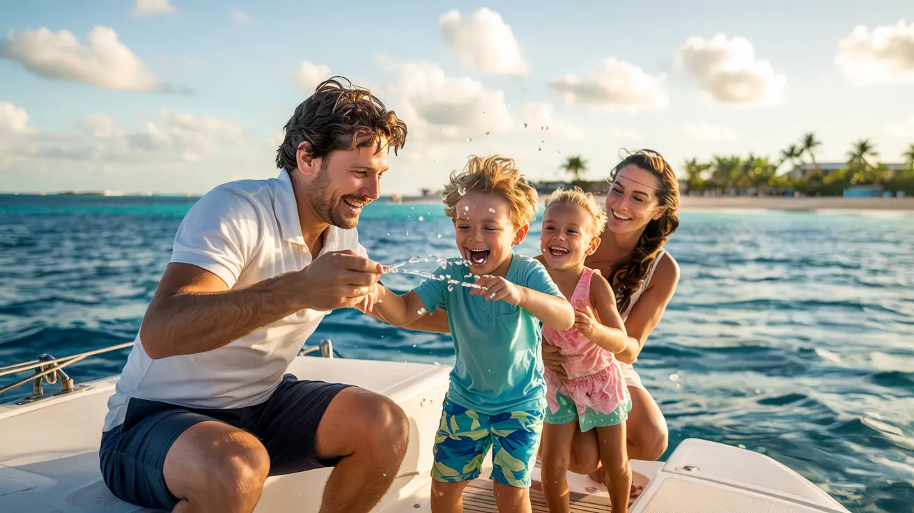 A family of four laughing on a catamaran in turquoise waters, enjoying their time in Cancun with kids.
