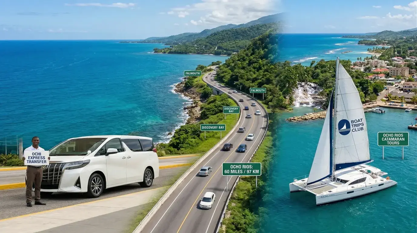 Driver by a minivan, a coastal highway sign reading Ocho Rios 60 miles / 97 km, and a catamaran near a waterfall