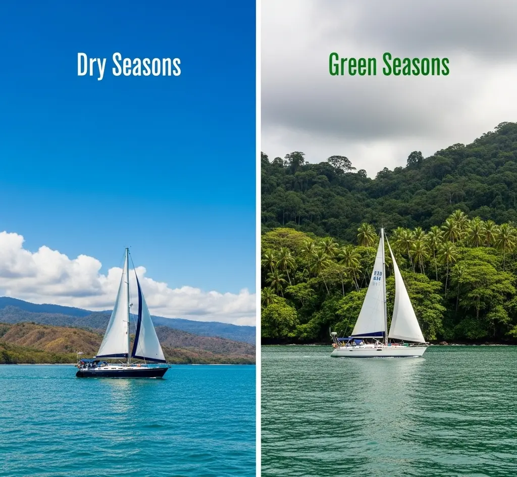 Costa Rica sailboats side by side: Dry Seasons under blue sky and Green Seasons by jungle under gray clouds