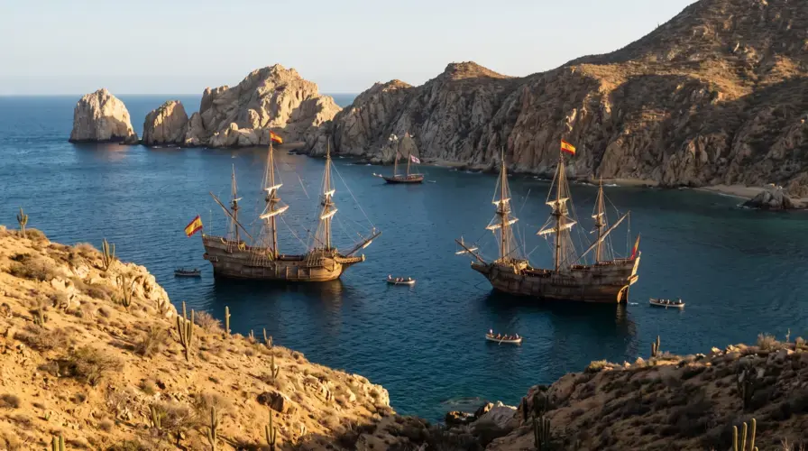 Spanish galleons at anchor with rowboats in a rocky, cactus-dotted bay at Cabo San Lucas