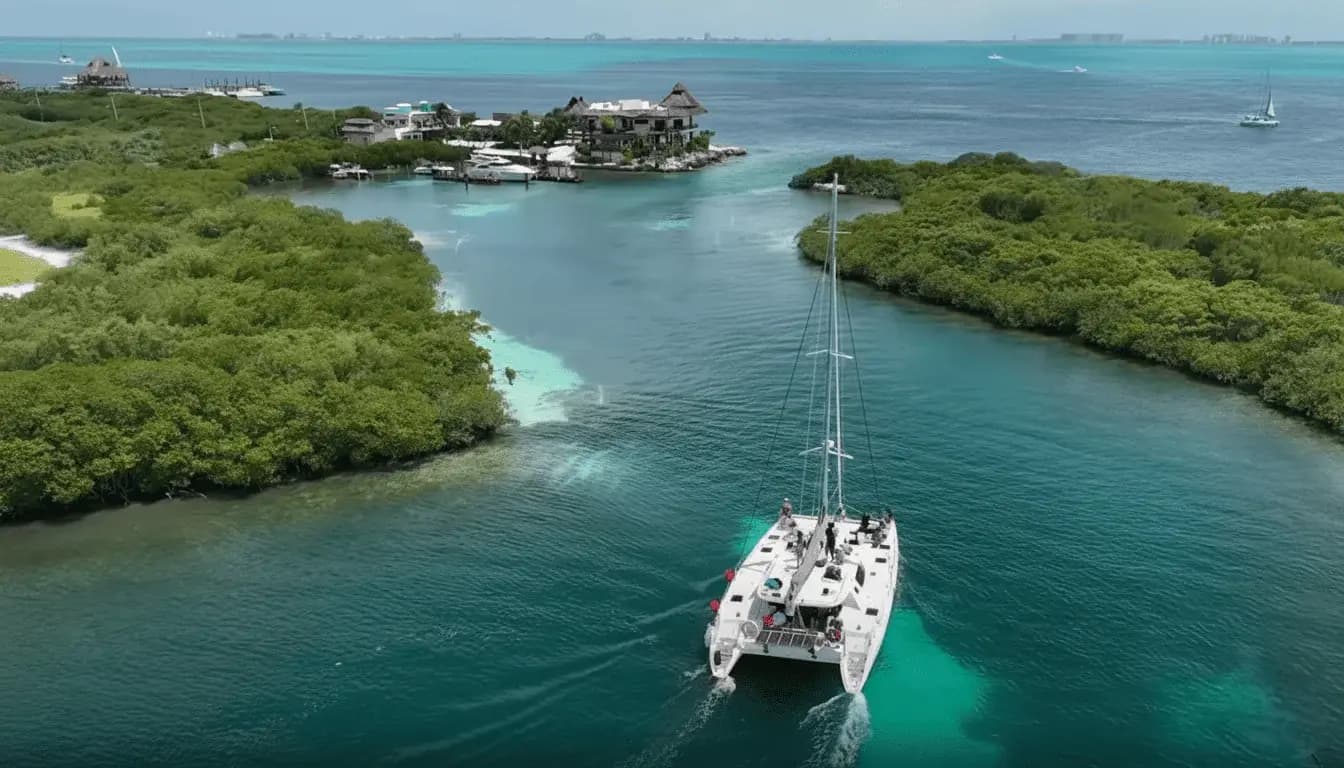 Aerial view of a sailing catamaran gliding through a mangrove channel toward turquoise open water near Cancun