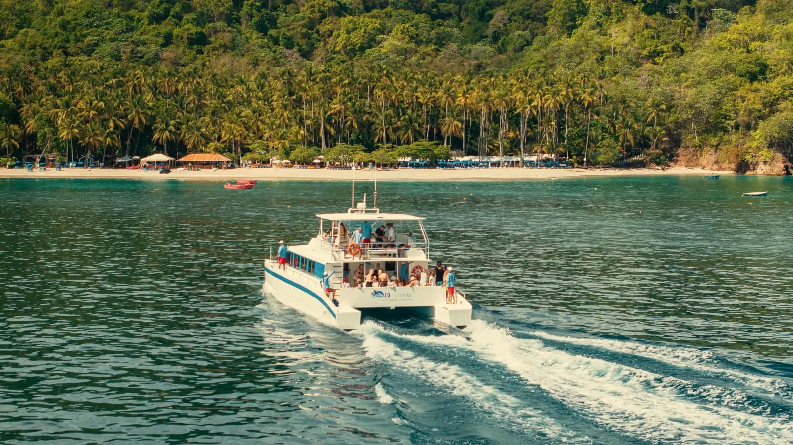 Two-level catamaran cruising across green water toward the palm-lined Tortuga Island shore
