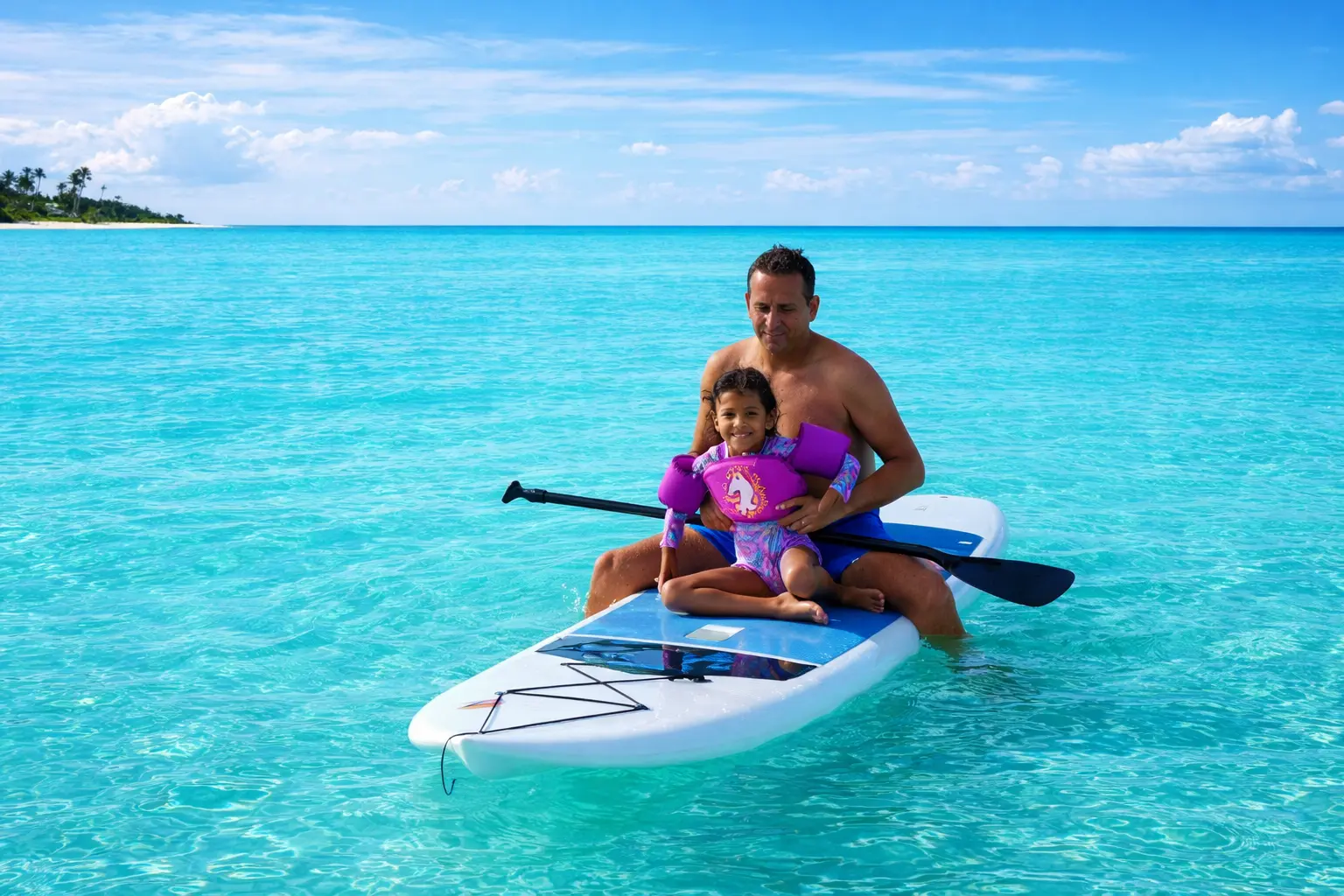 A man and a little girl in a life vest sit on a paddleboard in clear turquoise water