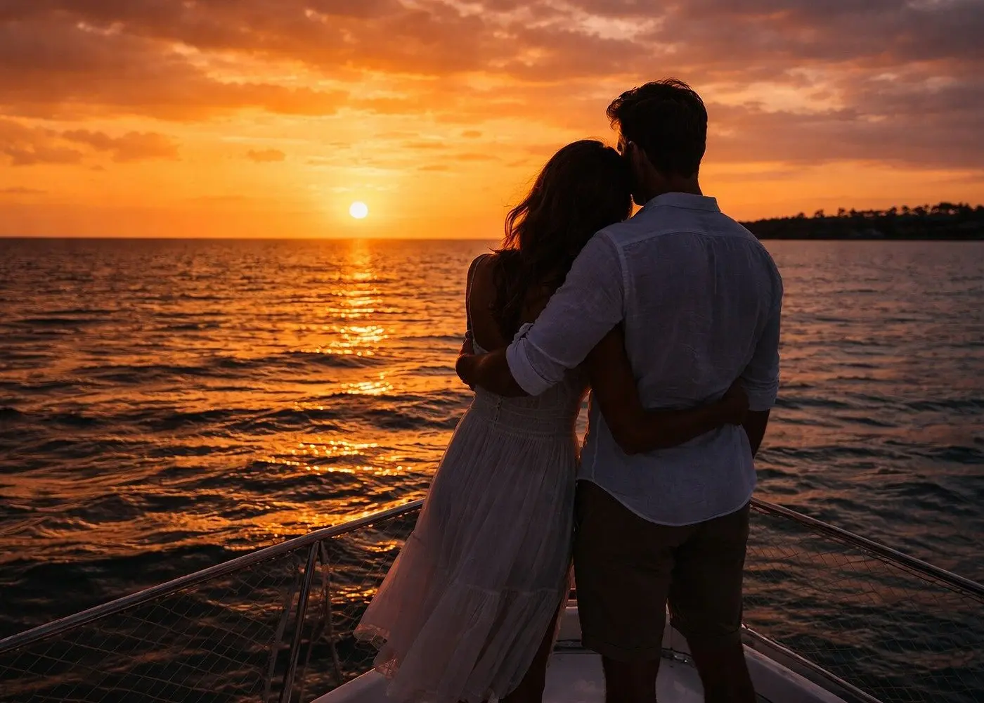 Couple embracing on the catamaran bow as the sun sits low over Bacalar Lagoon