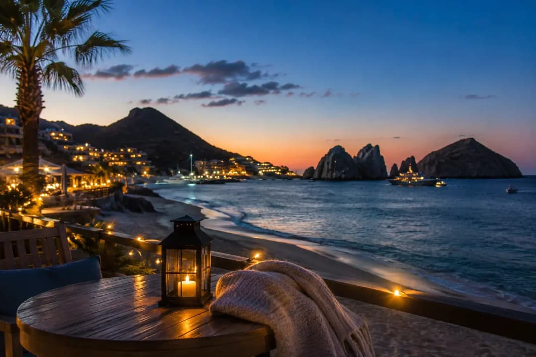 Cabo beach at night with a warm lantern-lit terrace, calm ocean, rocky formations, and glowing resort lights under a twilight sky.