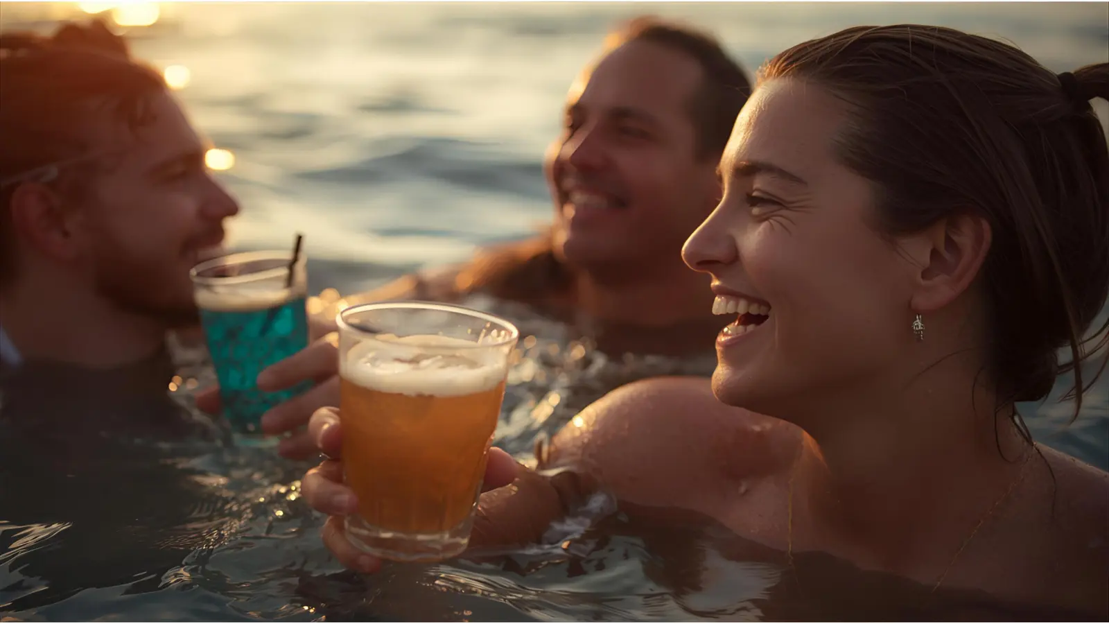 Guests laughing and toasting with drinks while swimming in the sea at golden hour