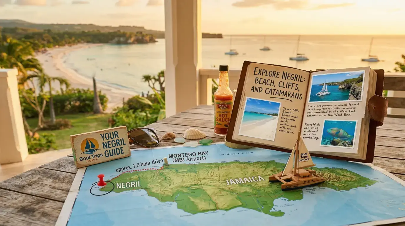 Map of Jamaica pinning Negril about a 1.5-hour drive from Montego Bay airport, on a terrace table above a bay