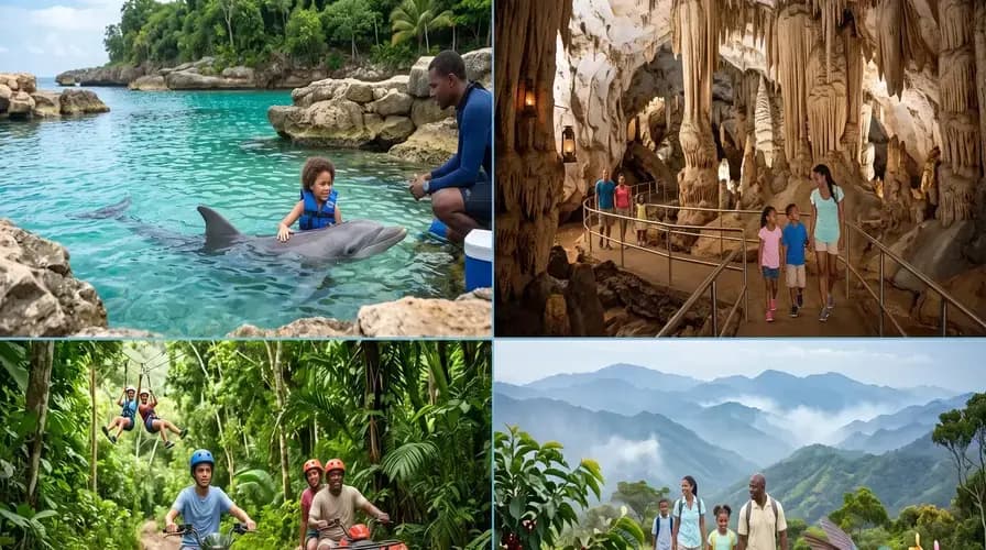 Child with a dolphin, a family in a cave, jungle zipline and ATV rides, and a misty mountain hike in Jamaica