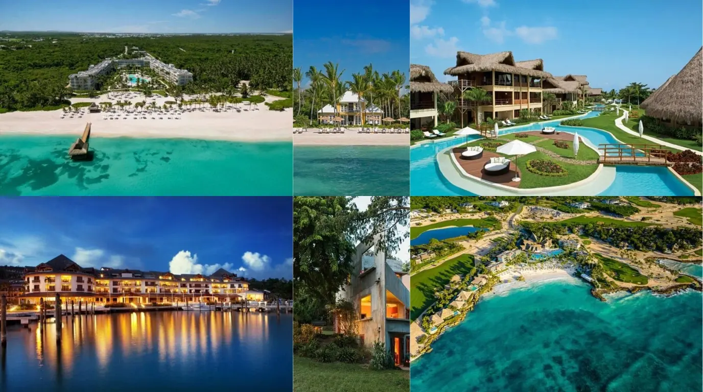 Punta Cana beach hotels: a pier on turquoise water, thatched villas by a winding pool and a marina at dusk