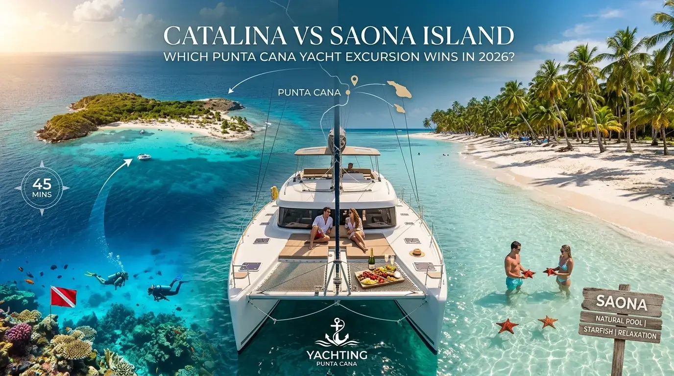 Catamaran with a couple between divers on a reef near an islet and starfish shallows by a Saona natural pool sign