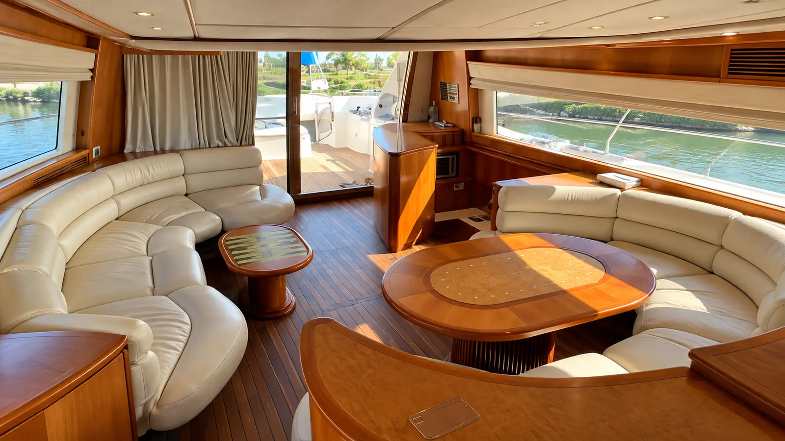 Wood-panelled saloon of a flybridge yacht with cream leather sofas and round wooden tables