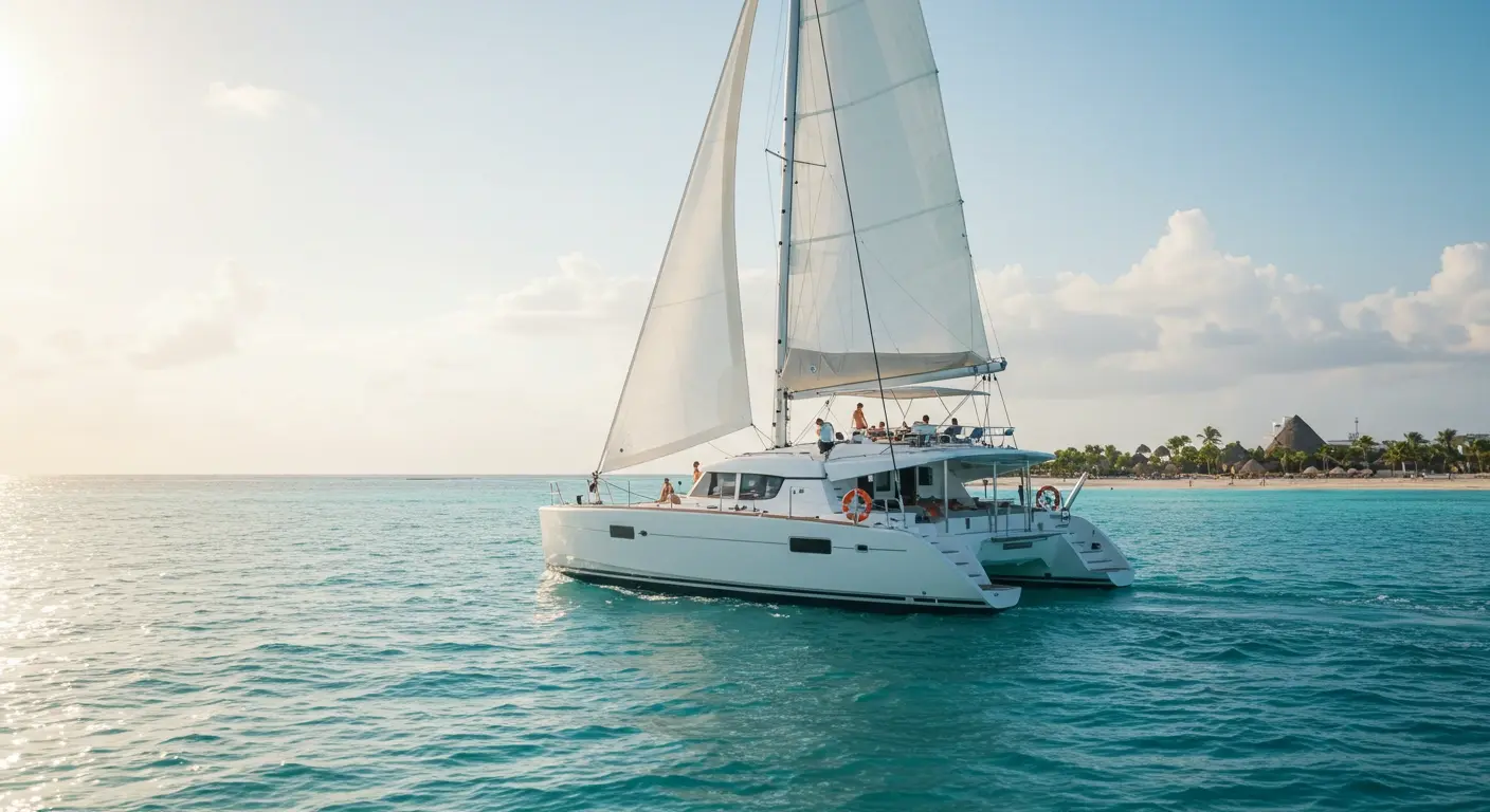 White catamaran sailing off Playa del Carmen.
