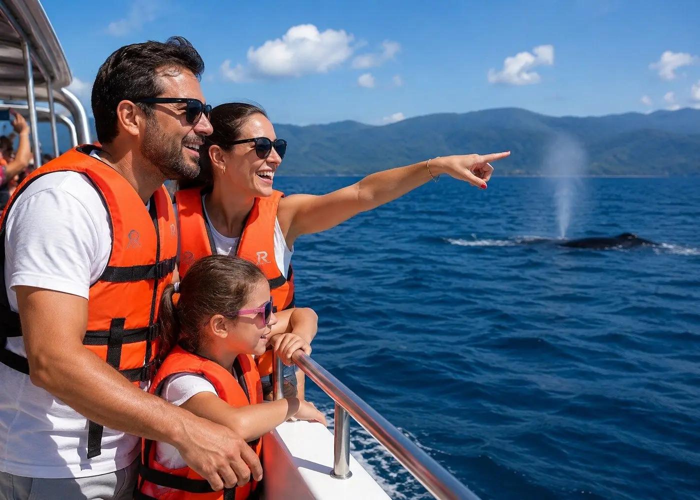 Man, woman and girl in orange life jackets pointing toward a humpback whale spouting in Samaná Bay