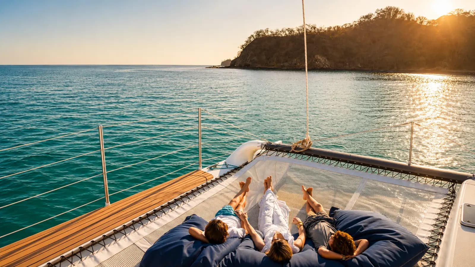 Three guests lounge on bean bags on the catamaran's bow netting facing a sunlit Papagayo headland