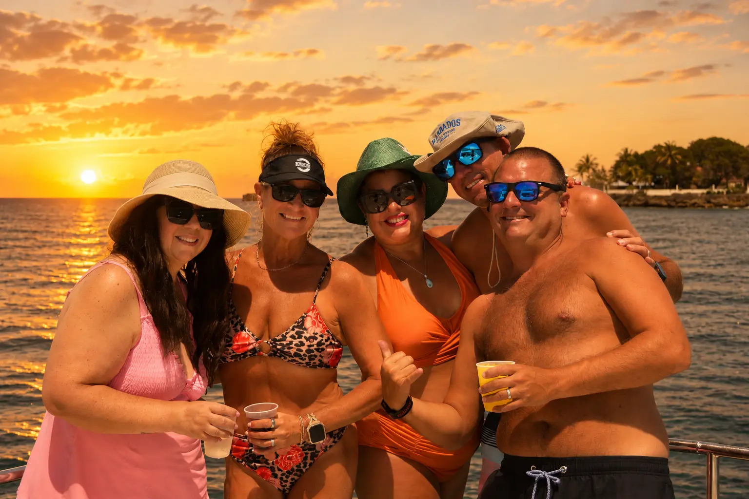 Five guests in sun hats and sunglasses raising drinks on deck as the sun sets over Puerto Plata