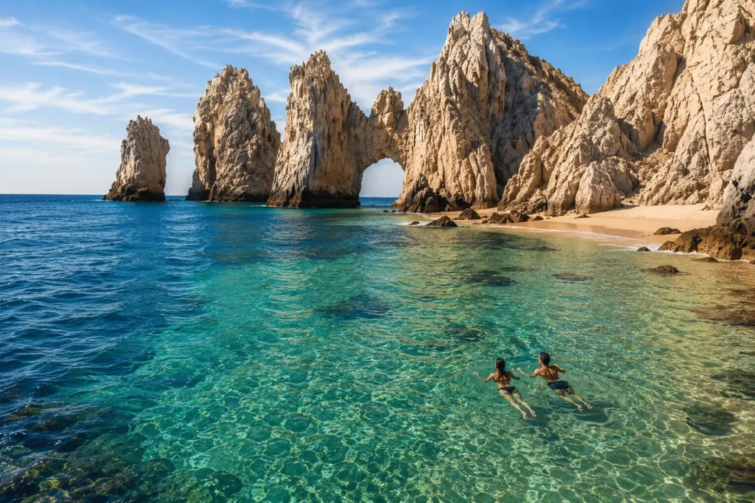 Cabo beach with crystal-clear turquoise water, dramatic rock formations, a sandy shoreline, and two people swimming near the coast.