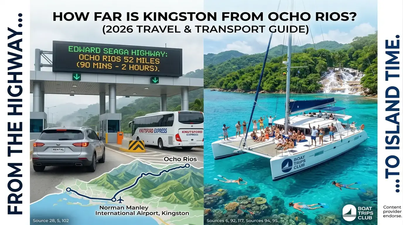 Highway sign reading Ocho Rios 52 miles (90 mins-2 hours), a route map from Kingston and a catamaran with snorkelers