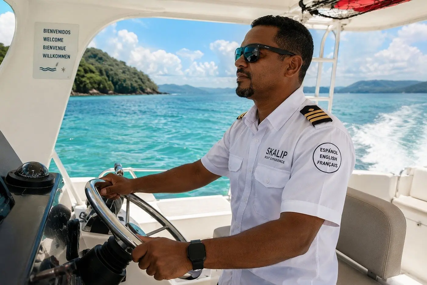 Captain in a white uniform shirt steering the motor catamaran, its wake trailing across turquoise Samaná Bay