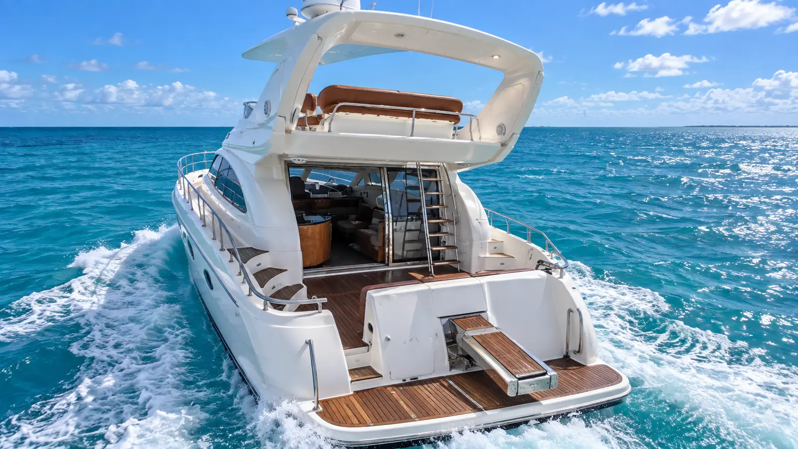 Stern of a flybridge yacht pulling a white wake off Cancún, teak swim platform and stairs to the upper deck