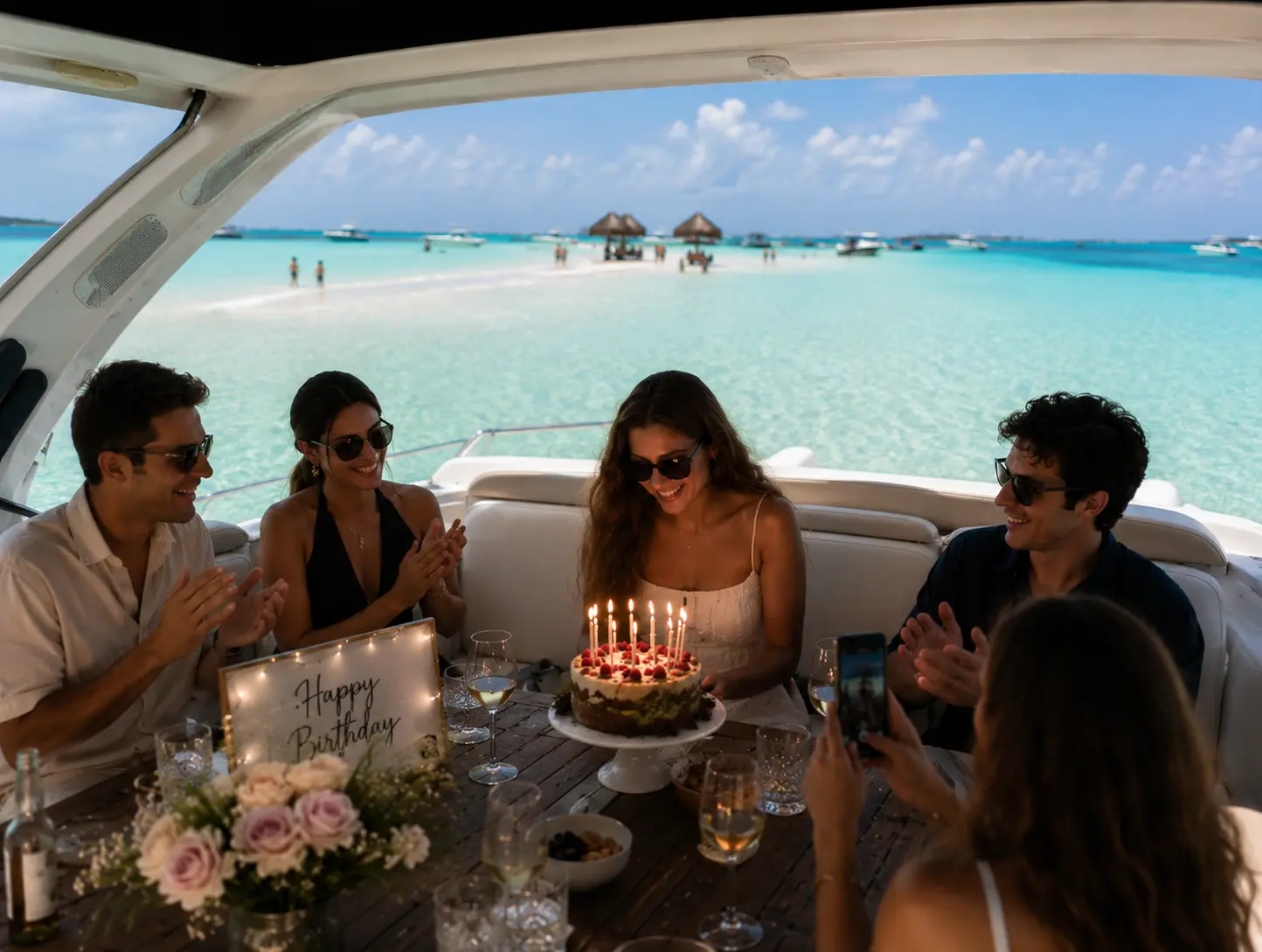 Guests applauding a woman with a candlelit birthday cake at the yacht's table off Cancún
