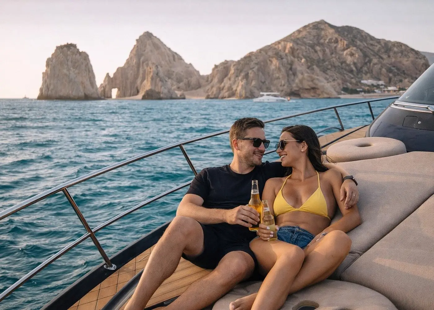 A couple shares drinks on the yacht's sun deck with the Land's End rocks behind them